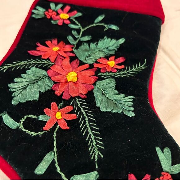 Festive Embroidered Christmas Stocking Poinsettia and Floral Design 17 inches - Picture 2 of 7